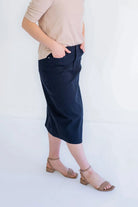Blythe Midi Denim Skirt in Classic Navy - Blythe Midi Denim Skirt in Classic Navy - XS - Salt and Honey