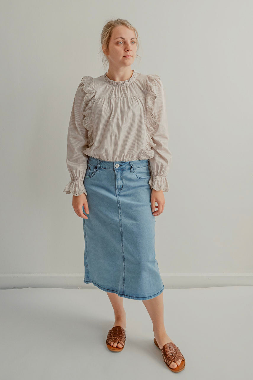 Kennedy Denim Midi Skirt in Stone Wash