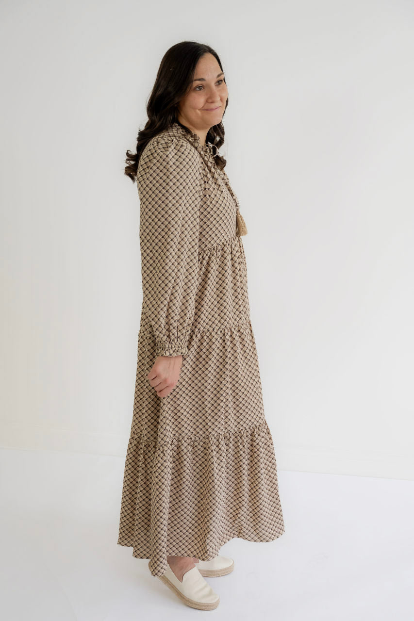 Hayes Plaid Maxi Dress in Taupe