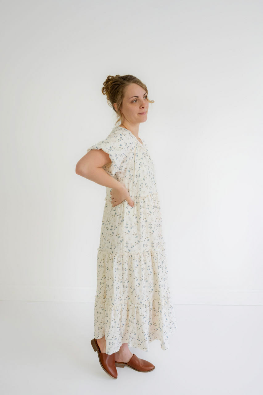 Karina Floral Midi Dress in Blue Fog Floral