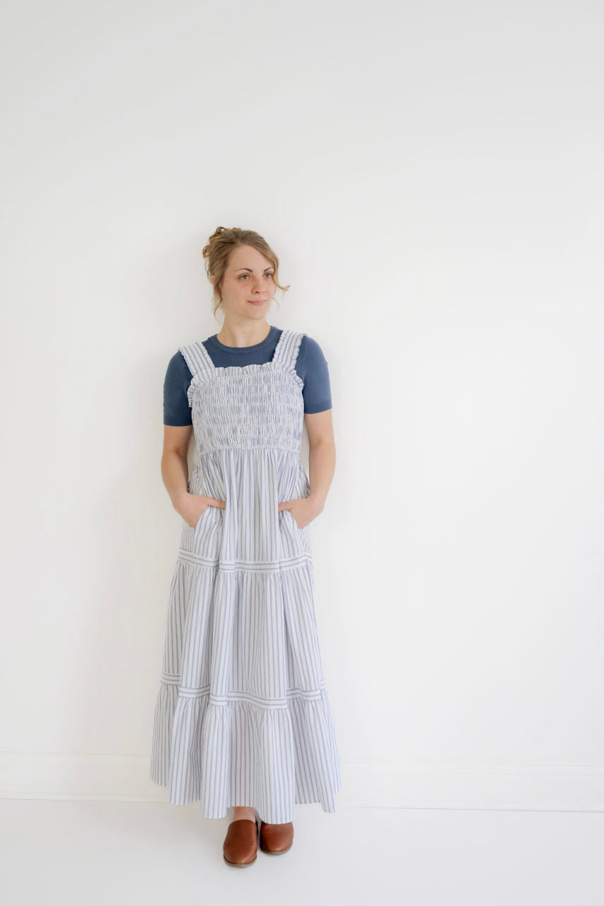 Capri Cotton Jumper Dress in Navy Stripes
