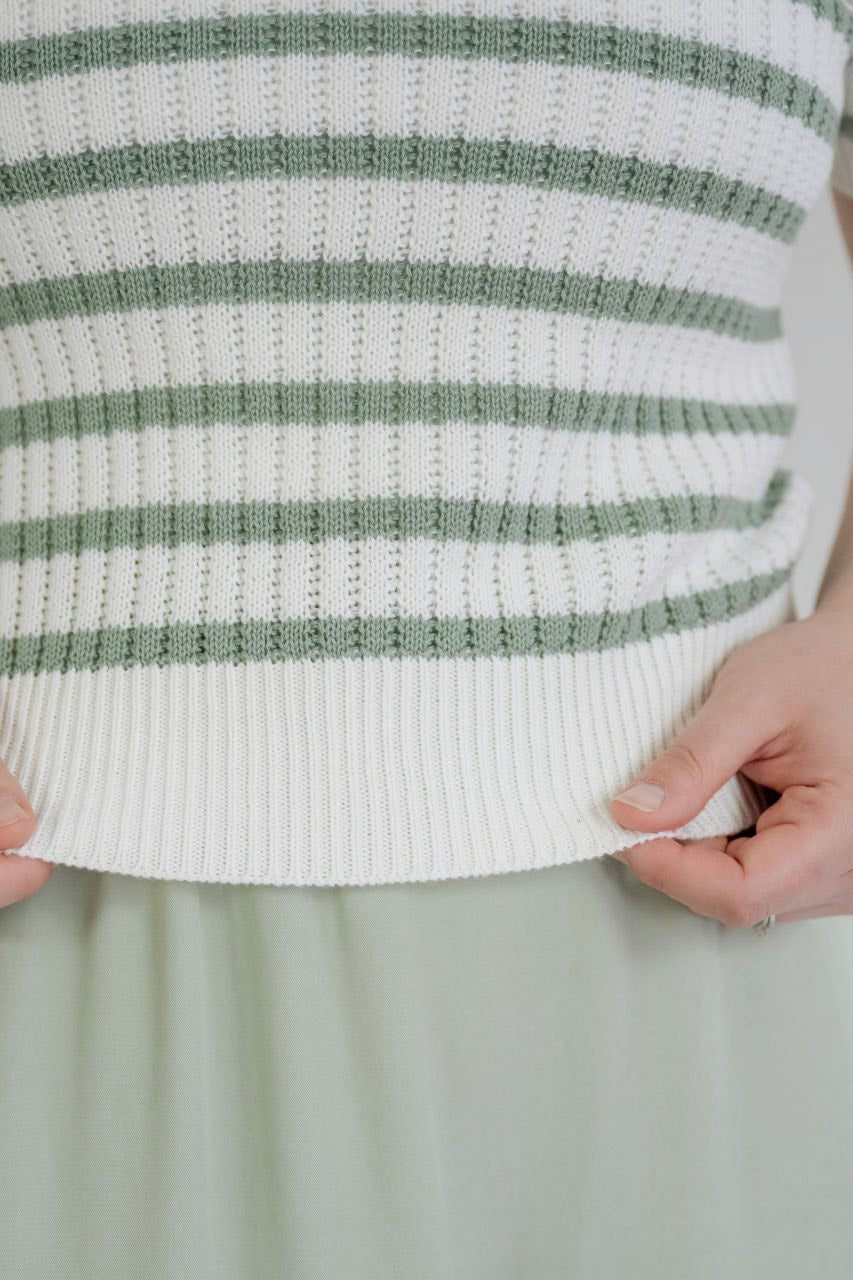 Weslyn Scallop Knit Top in Sage Stripes