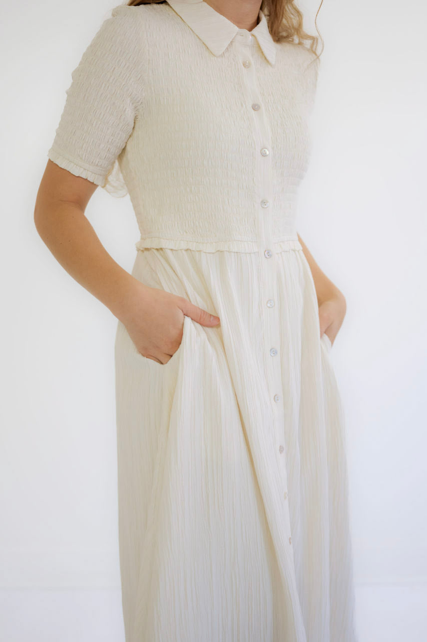 Saylor Smocked Midi Dress in Vanilla - FINAL SALE - Saylor Smocked Midi Dress in Vanilla - FINAL SALE - S - Salt and Honey