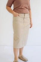 Blythe Midi Denim Skirt in Light Khaki - Blythe Midi Denim Skirt in Light Khaki - XS - Salt and Honey