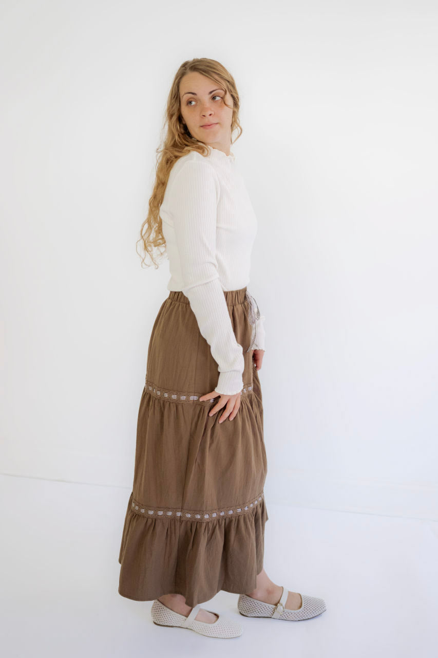 Kendall Gingham Detail Cotton Skirt in Mocha - FINAL SALE - Kendall Gingham Detail Cotton Skirt in Mocha - FINAL SALE - S - Salt and Honey