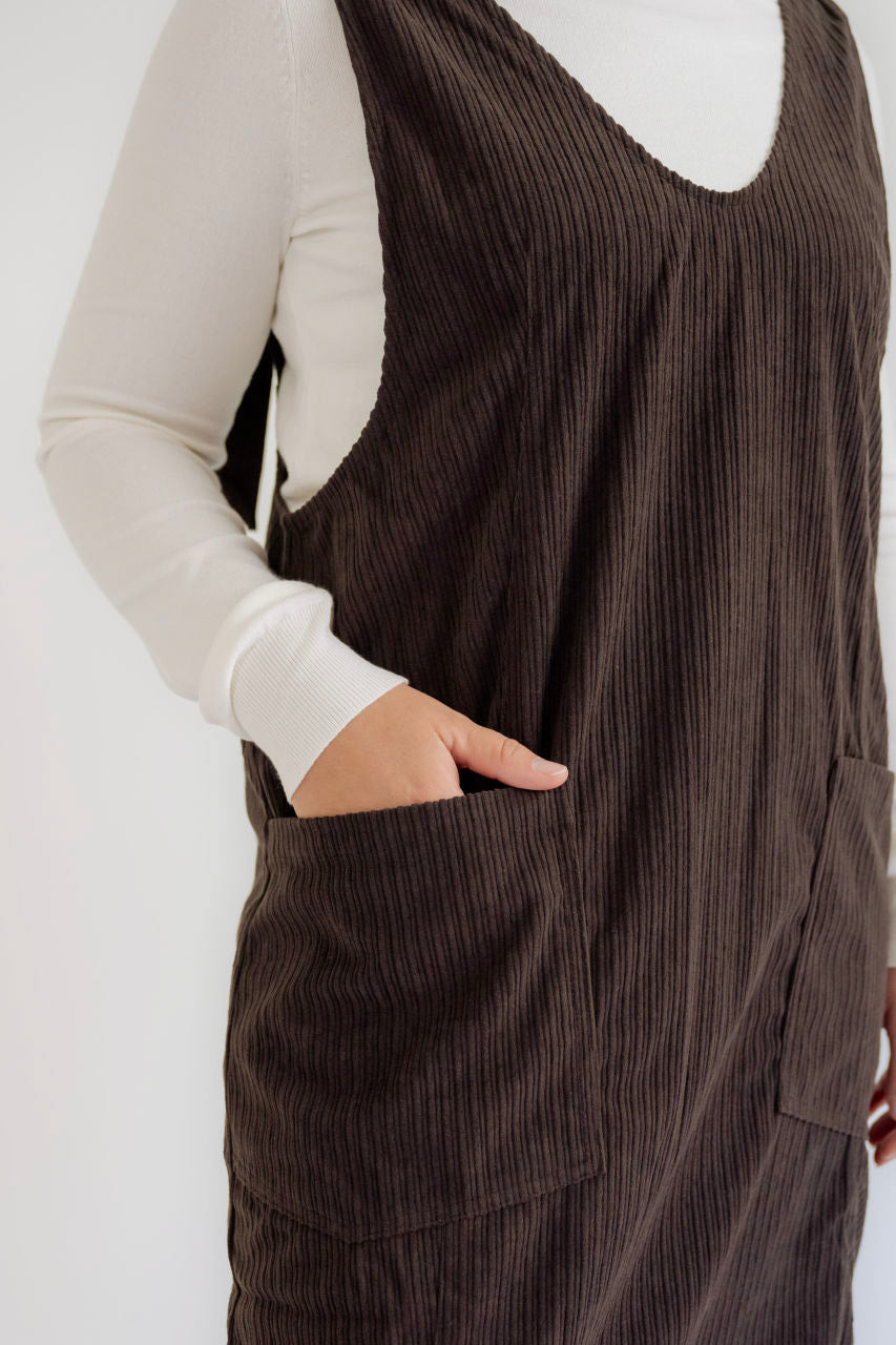 Neela Corduroy Jumper Dress in Espresso - Neela Corduroy Jumper Dress in Espresso - S - Salt and Honey