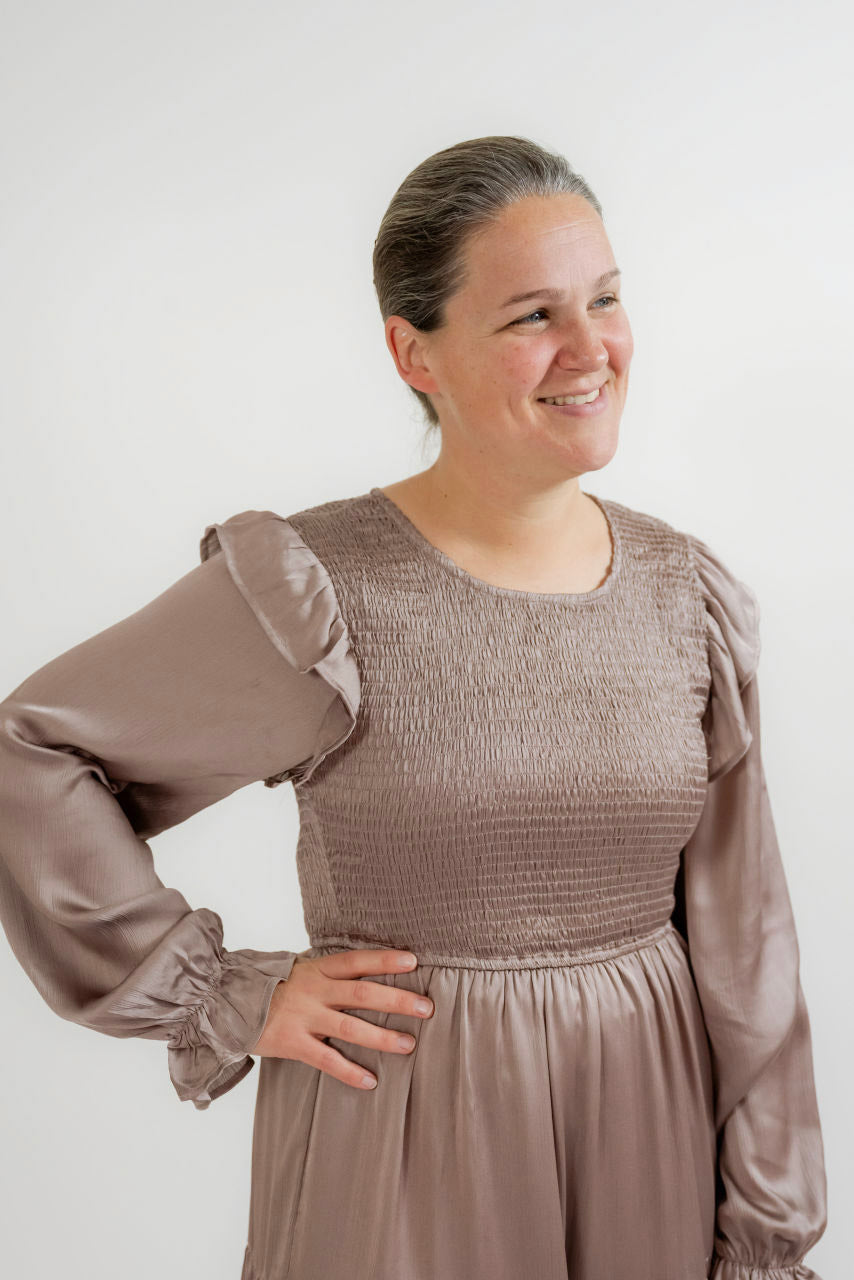 Charlotte Smocked Satin Dress in Mauve - Charlotte Smocked Satin Dress in Mauve - S - Salt and Honey