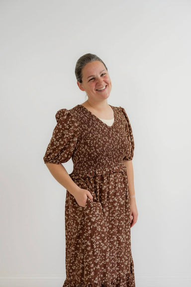 Teagan Smocked Floral Dress in Cinnamon - Teagan Smocked Floral Dress in Cinnamon - S - Salt and Honey