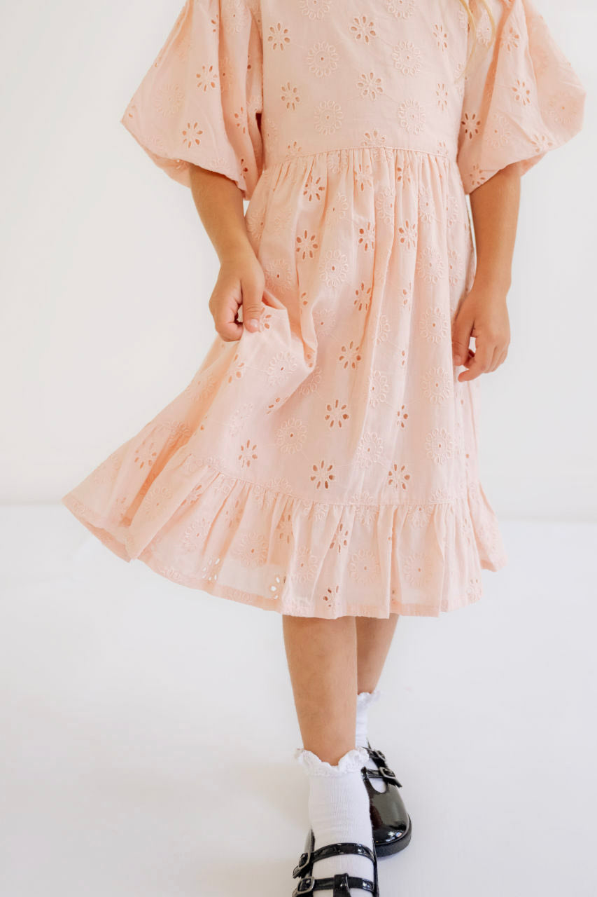 Eleanor Pink Eyelet Puff Sleeve Dress - Final Sale - Eleanor Pink Eyelet Puff Sleeve Dress - Final Sale - 12-18 months - Salt and Honey