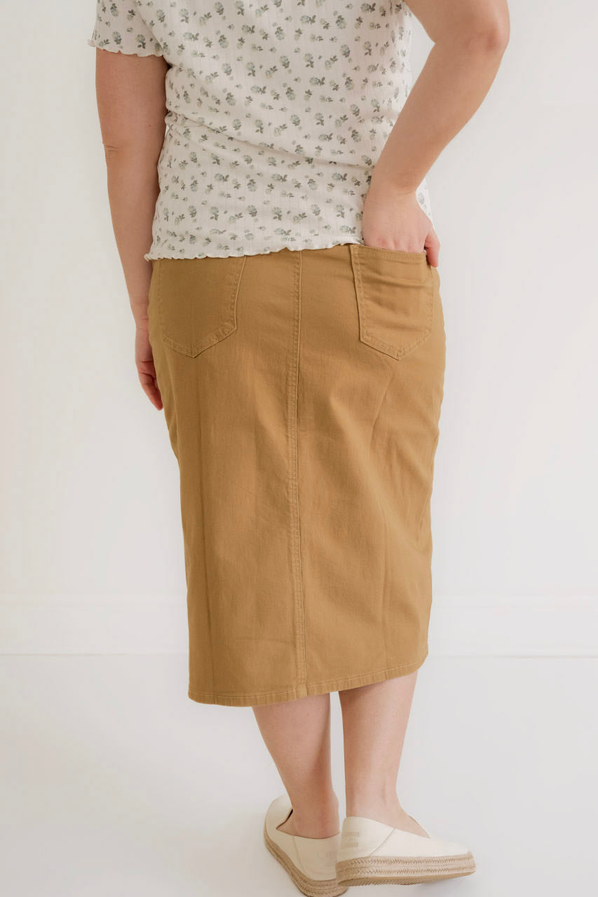 Eliza Midi Skirt in Khaki Denim - Womens - Bottoms - Skirts