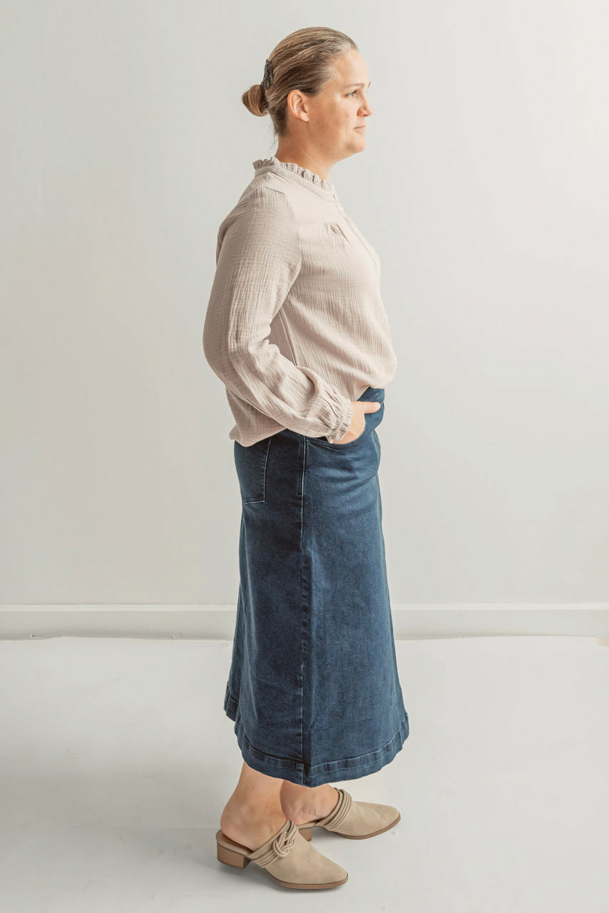 Margaret Denim Midi Skirt in Dark Wash