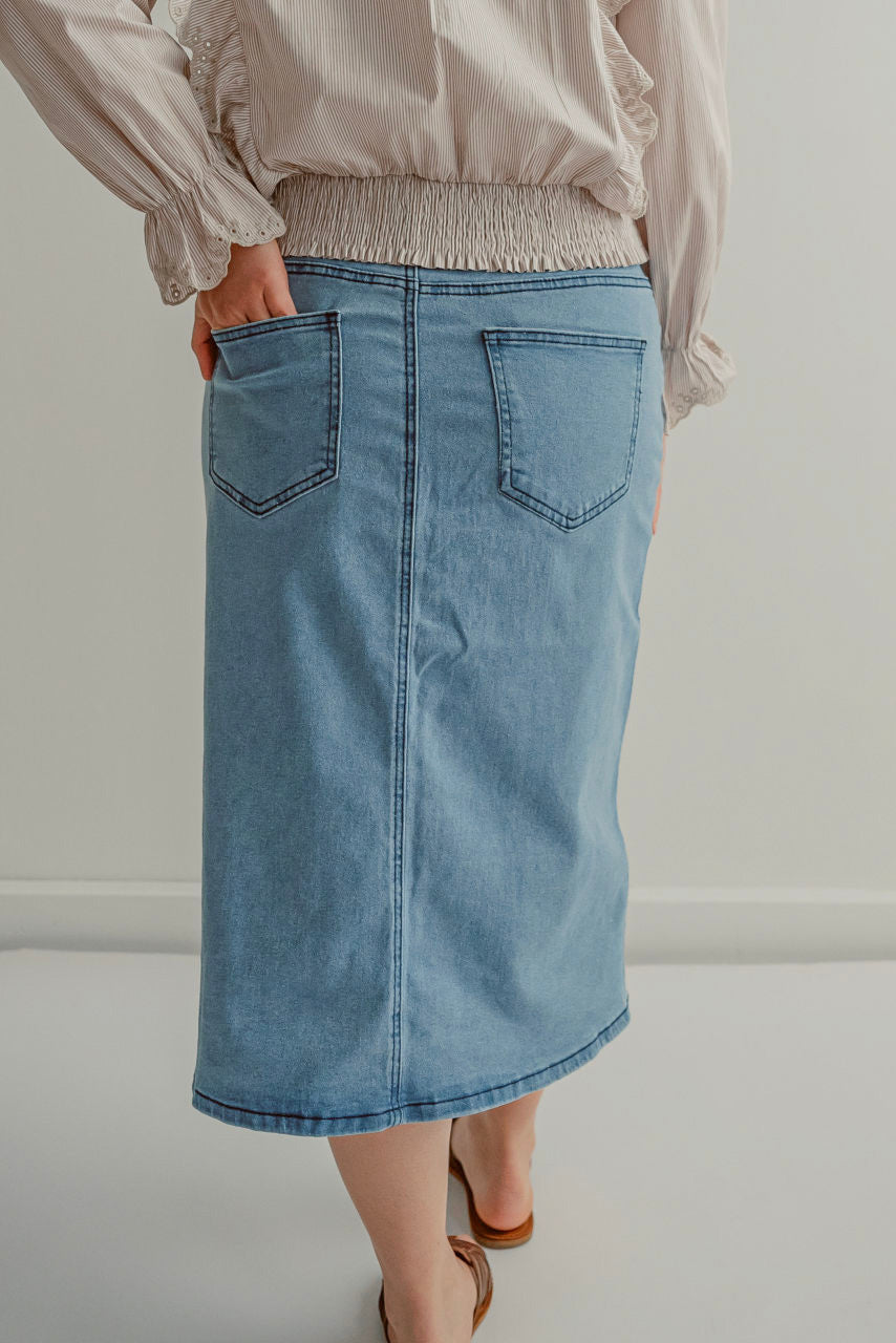 Kennedy Denim Midi Skirt in Stone Wash