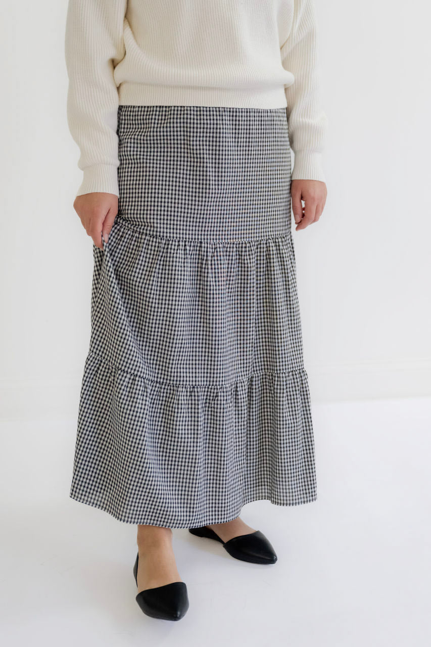 Evette Tiered Gingham Skirt in Black - Evette Tiered Gingham Skirt in Black - S - Salt and Honey