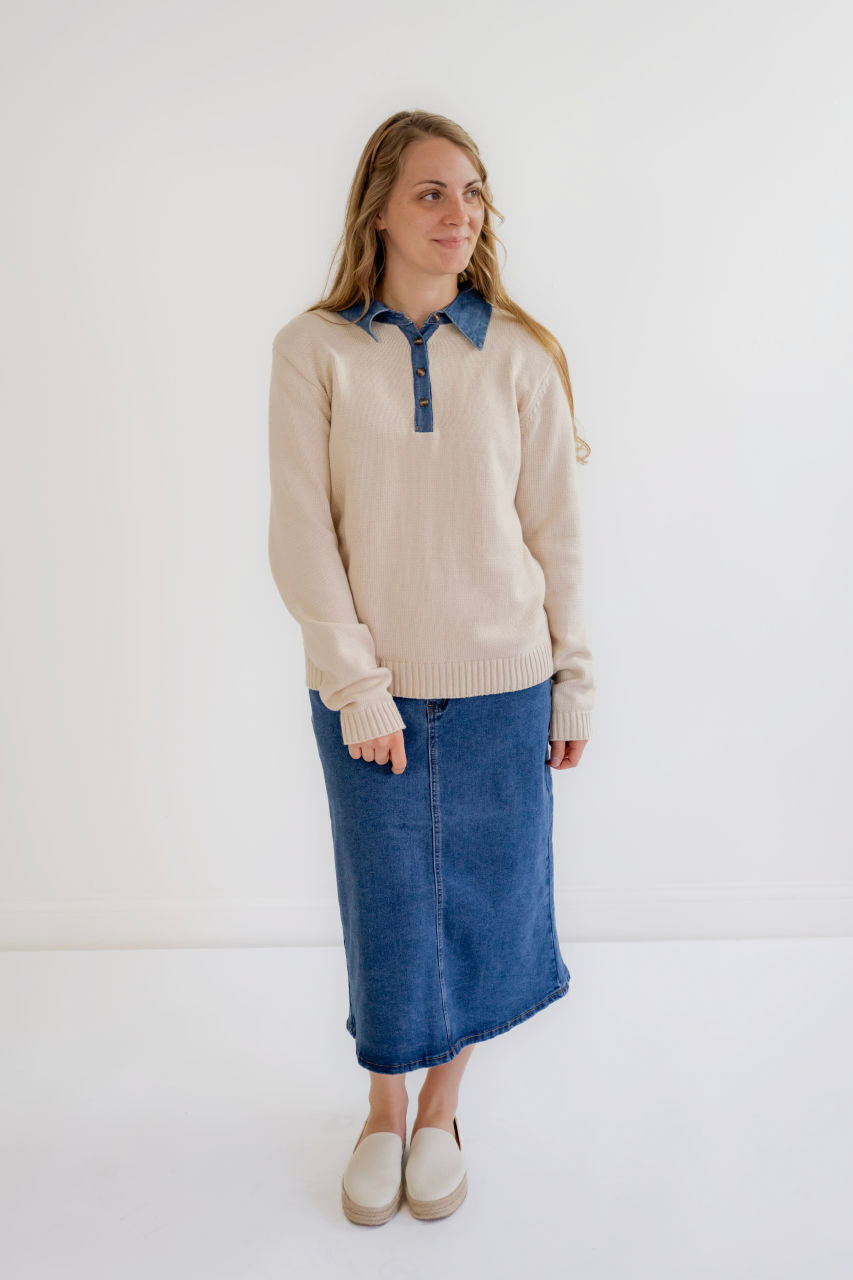 Kaya Midi Denim Skirt in Stone Wash