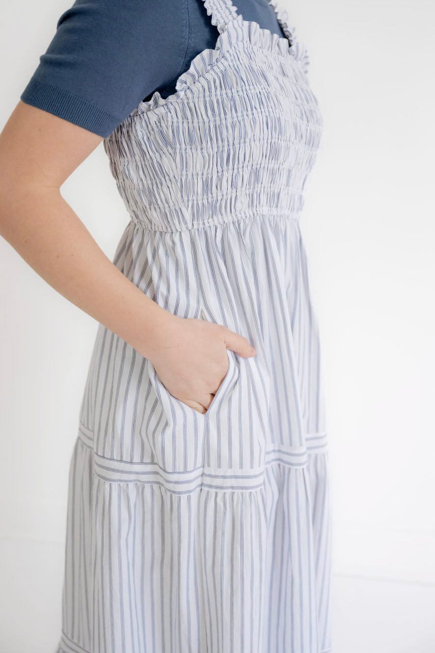 Capri Cotton Jumper Dress in Navy Stripes