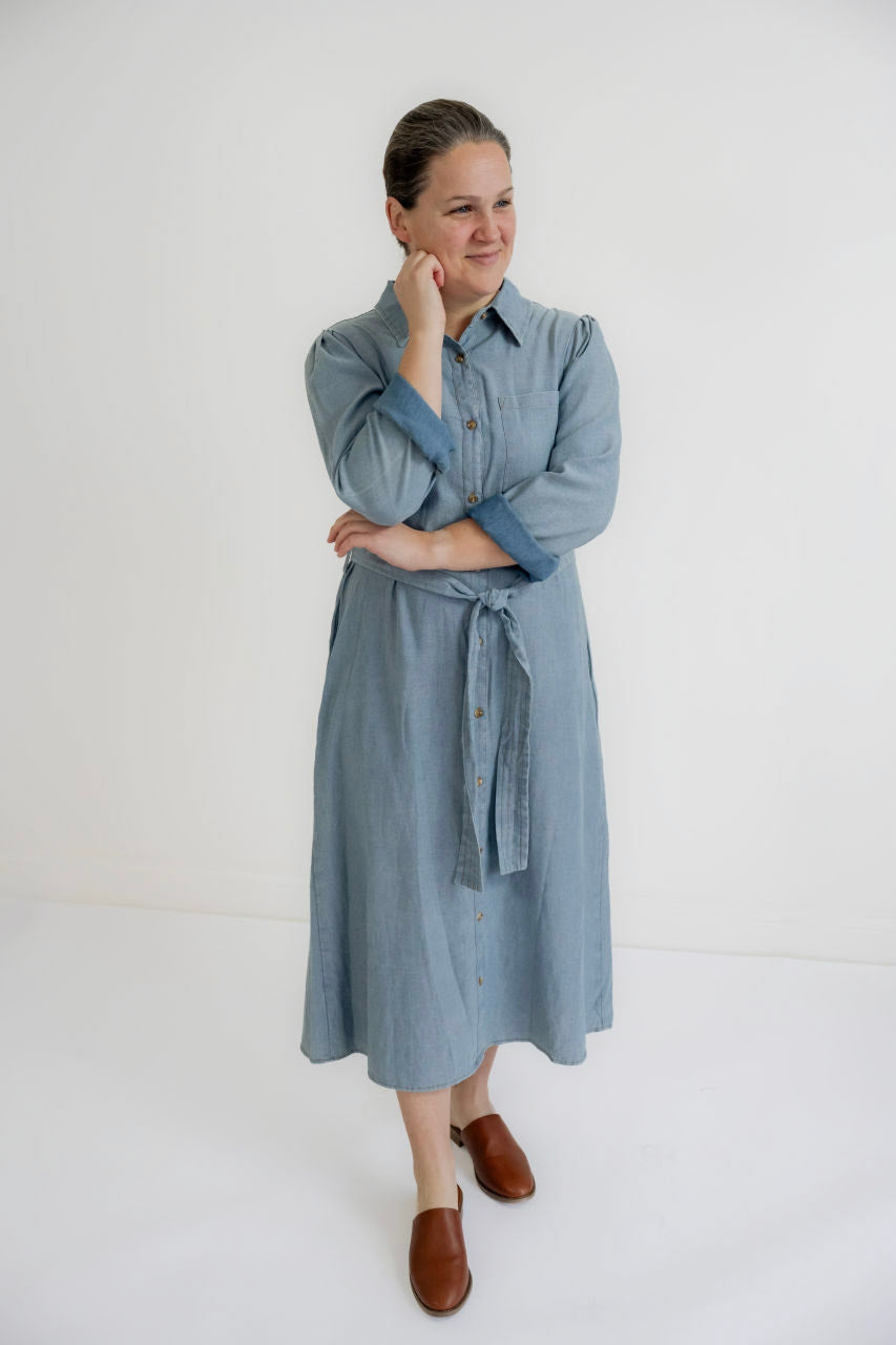 denim midi dress sale Wrenna Chambray Denim Midi Dress- FINAL SALE M