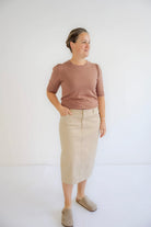 Blythe Midi Denim Skirt in Light Khaki - Blythe Midi Denim Skirt in Light Khaki - XS - Salt and Honey
