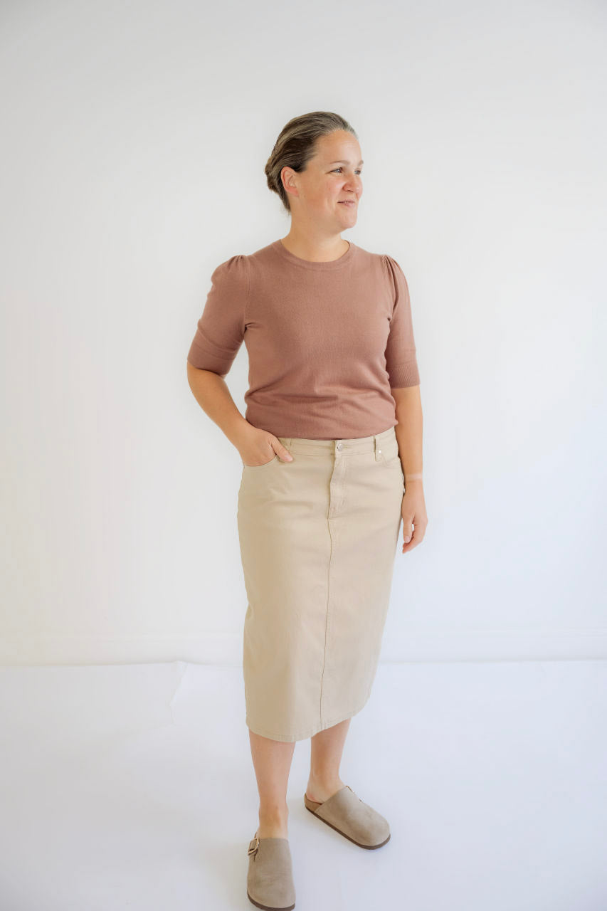 Blythe Midi Denim Skirt in Light Khaki - Blythe Midi Denim Skirt in Light Khaki - XS - Salt and Honey