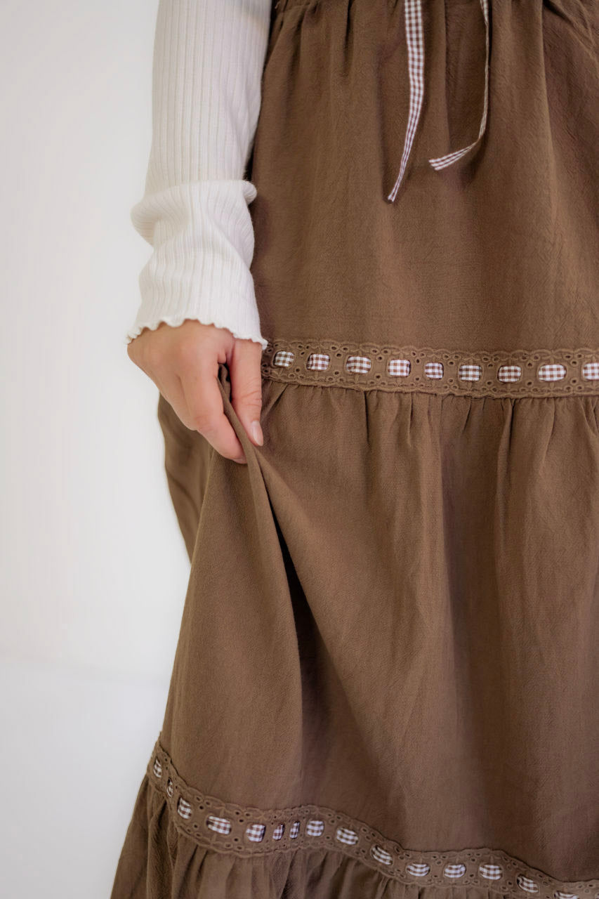 Kendall Gingham Detail Cotton Skirt in Mocha - FINAL SALE - Kendall Gingham Detail Cotton Skirt in Mocha - FINAL SALE - S - Salt and Honey