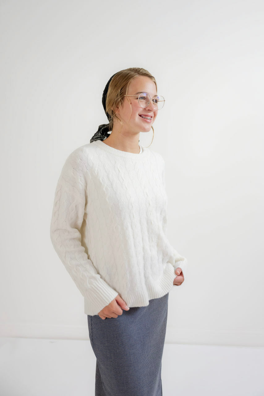 Kasey Cable Knit Sweater in Cream - Kasey Cable Knit Sweater in Cream - S - Salt and Honey