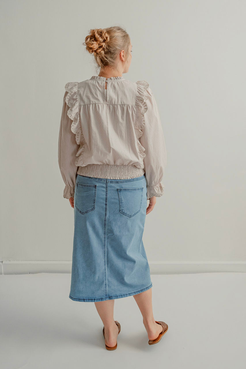 Kennedy Denim Midi Skirt in Stone Wash