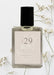 Perfume oil bottle labeled 'No. 29' with a black cap on a light background with floral elements.