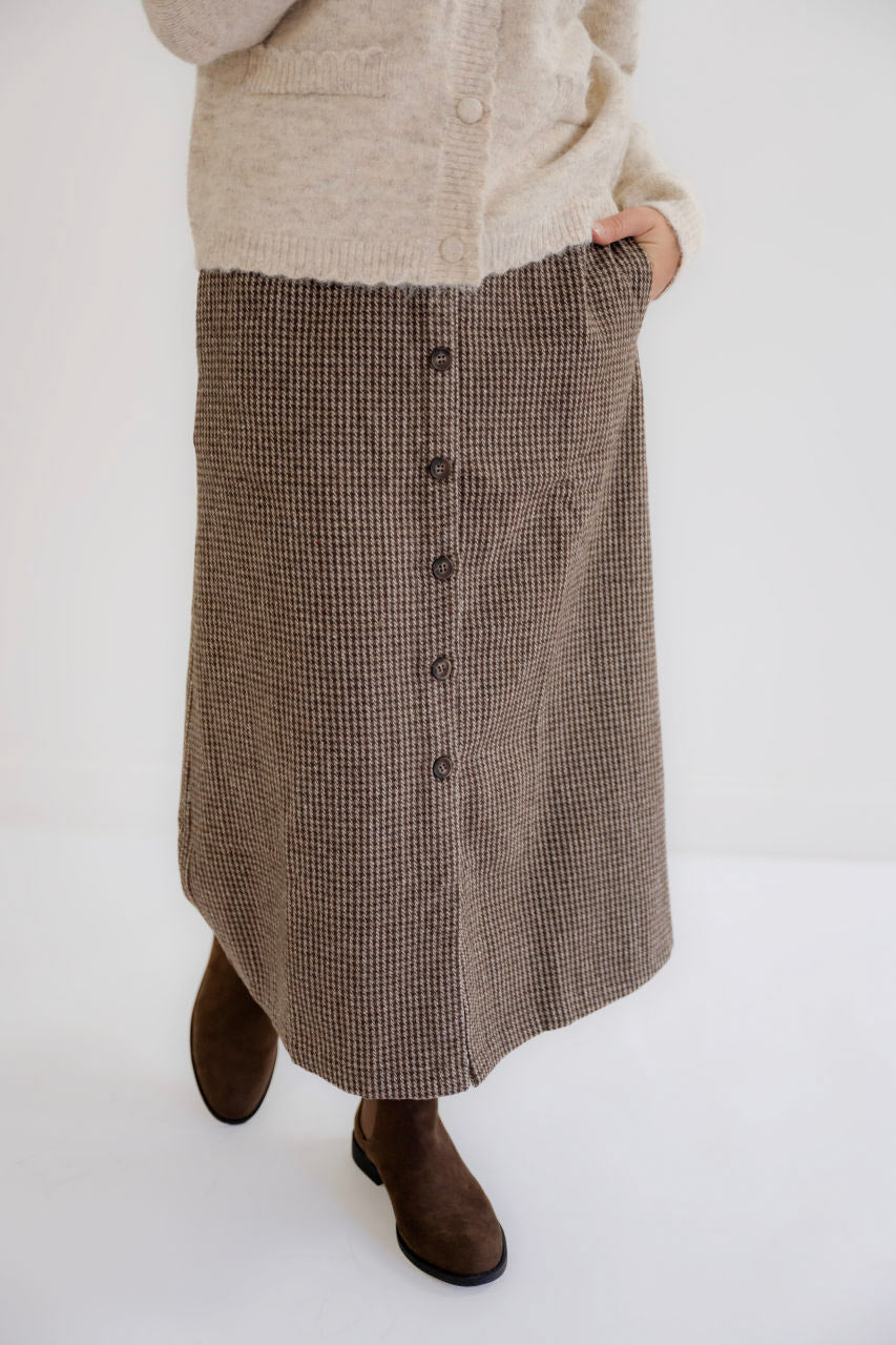 Fynn Houndstooth Midi Skirt in Mocha - Fynn Houndstooth Midi Skirt in Mocha - S - Salt and Honey
