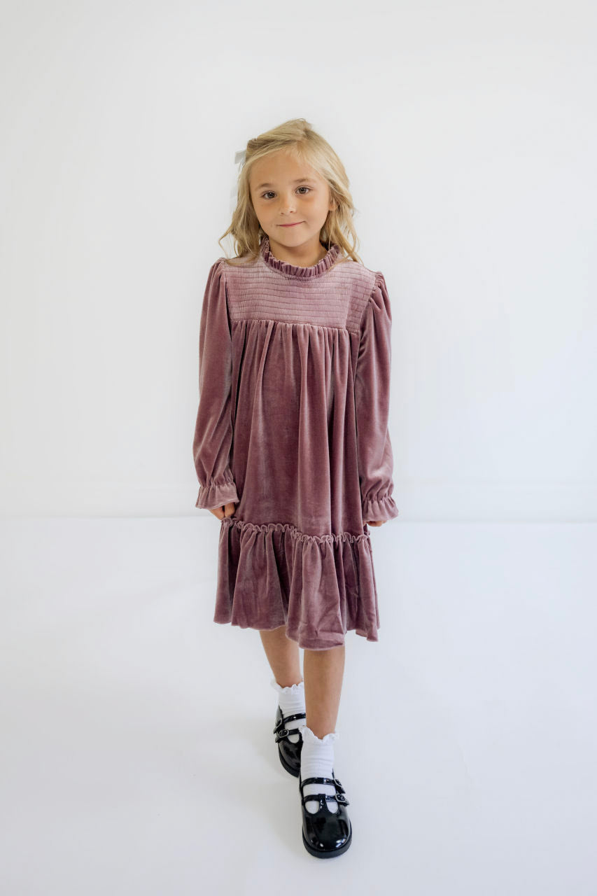 Noelle Girls Smocked Velvet Holiday Dress in Plum - Noelle Girls Smocked Velvet Holiday Dress in Plum - 2T - Salt and Honey