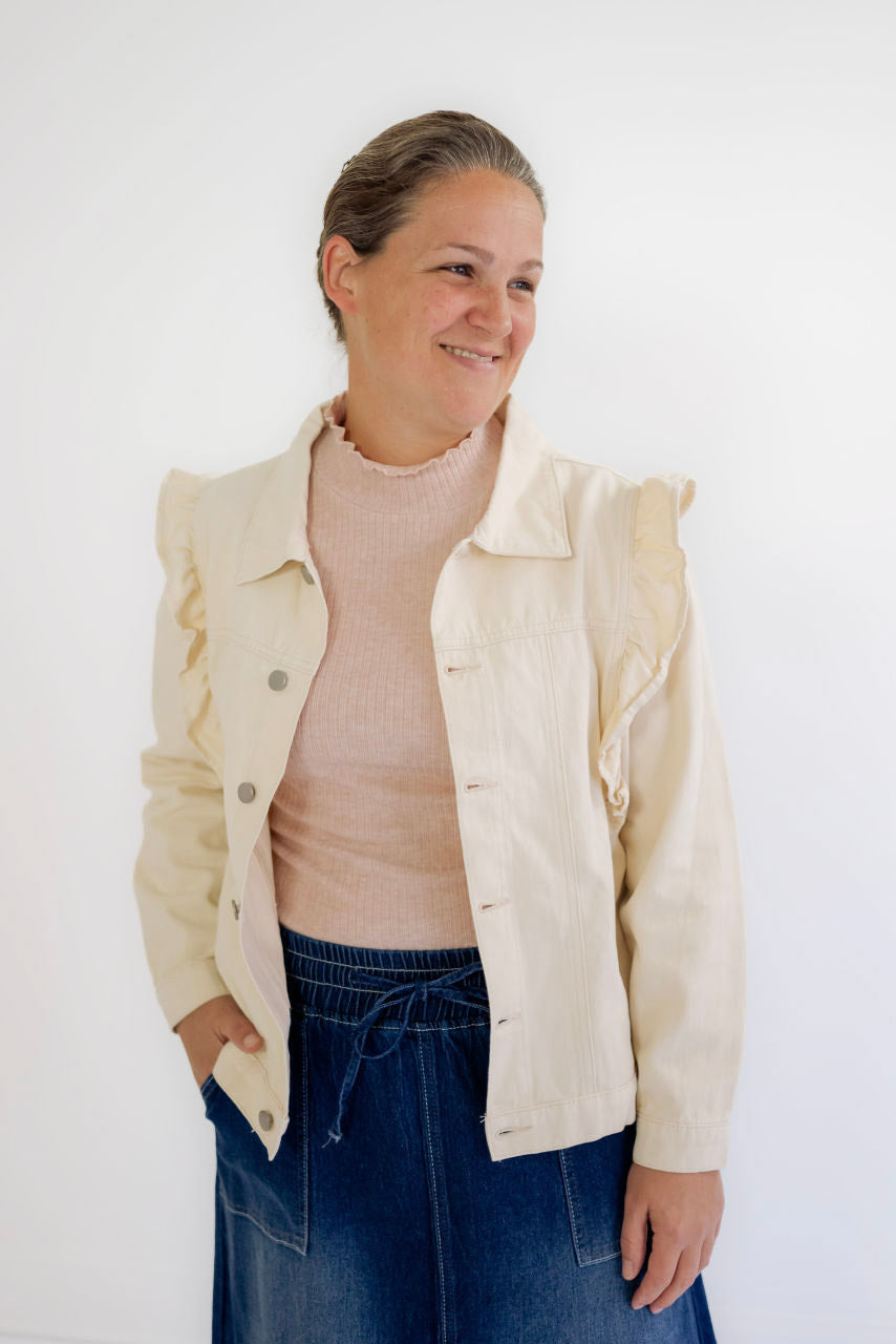 Tiffany Ruffled Denim Jacket in Cream - Tiffany Ruffled Denim Jacket in Cream - S - Salt and Honey