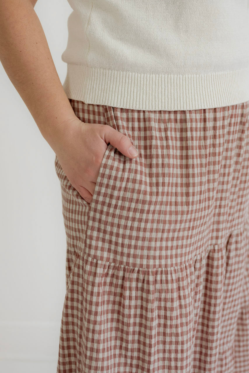 Valerie Tiered Gingham Skirt in Dusty Rose