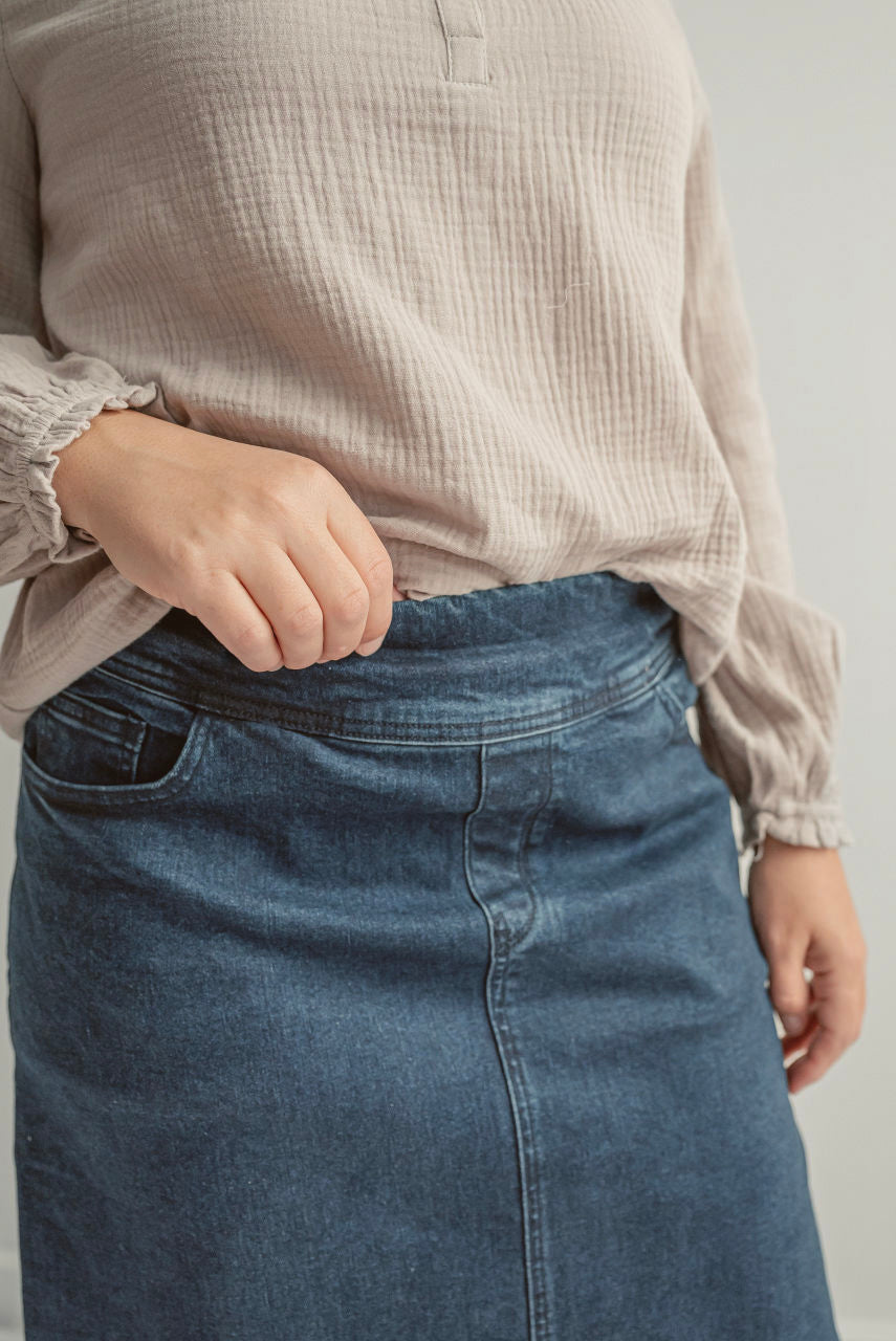 Margaret Denim Midi Skirt in Dark Wash