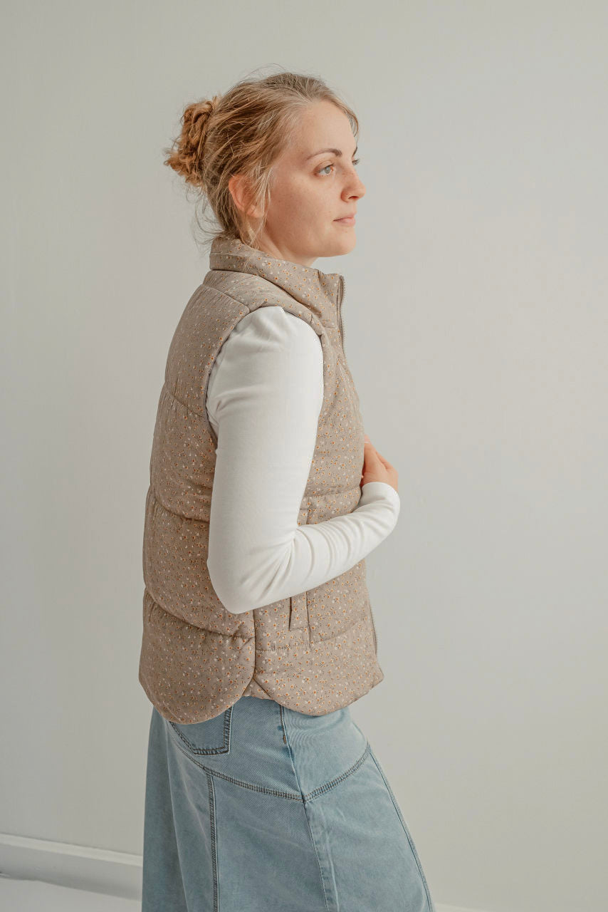 Helena Floral Puffer Vest in Taupe