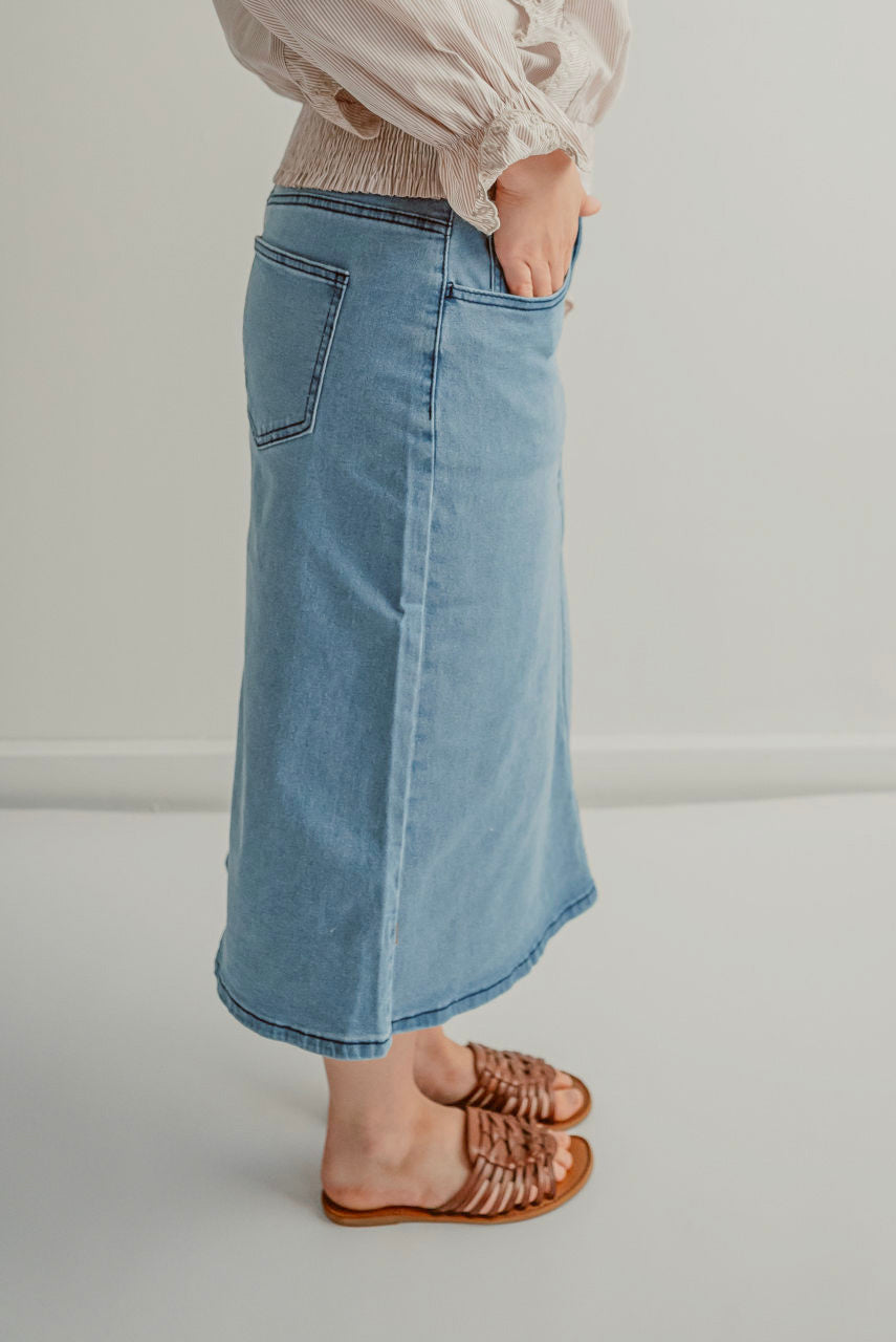 Kennedy Denim Midi Skirt in Stone Wash