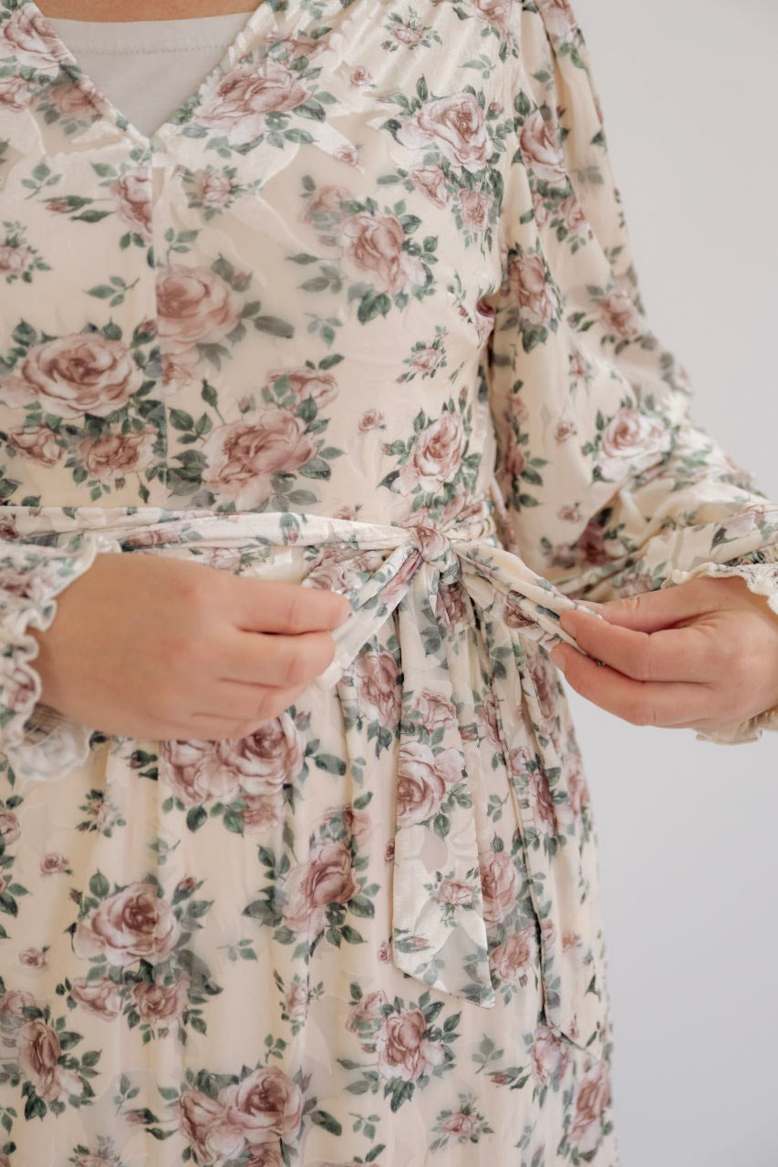 Estella Floral Velvet Dress in Cream - Estella Floral Velvet Dress in Cream - S - Salt and Honey
