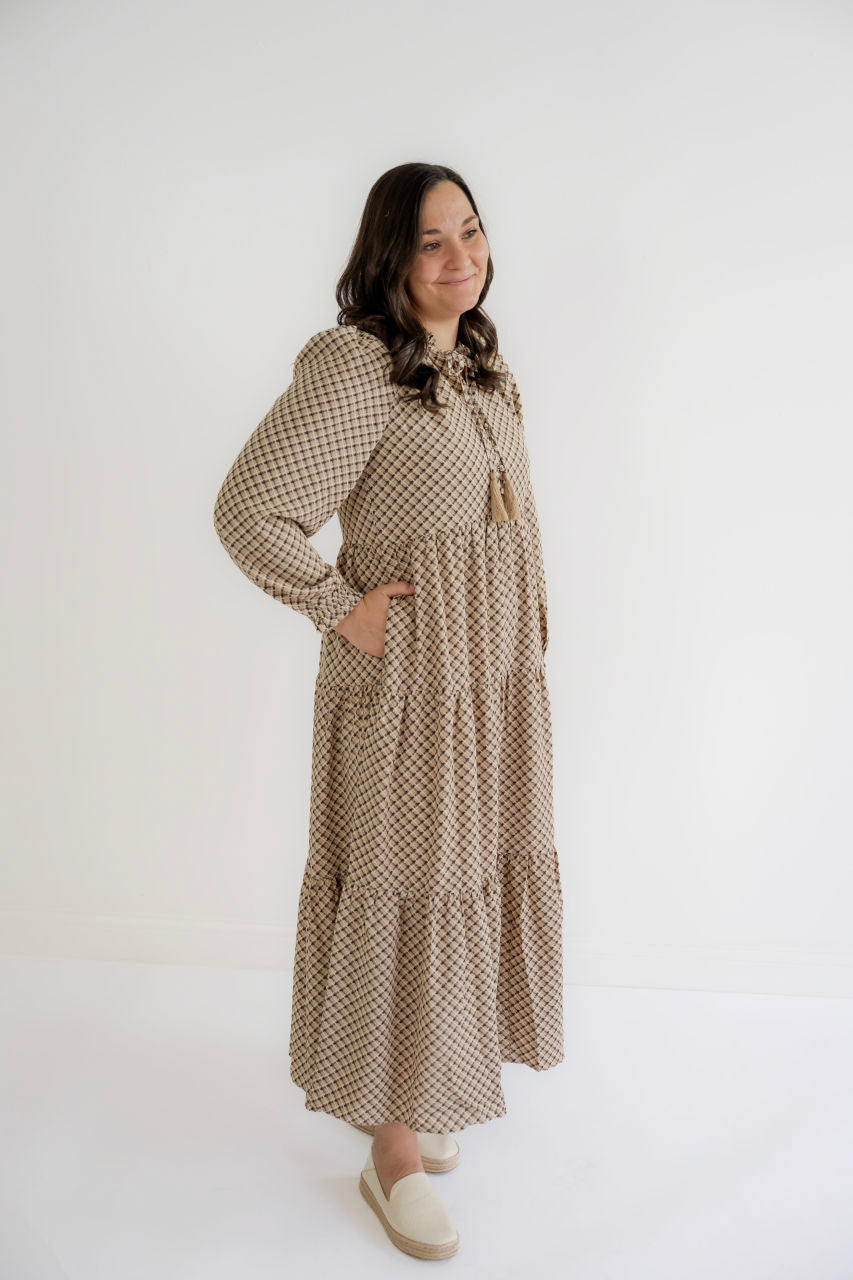 Hayes Plaid Maxi Dress in Taupe