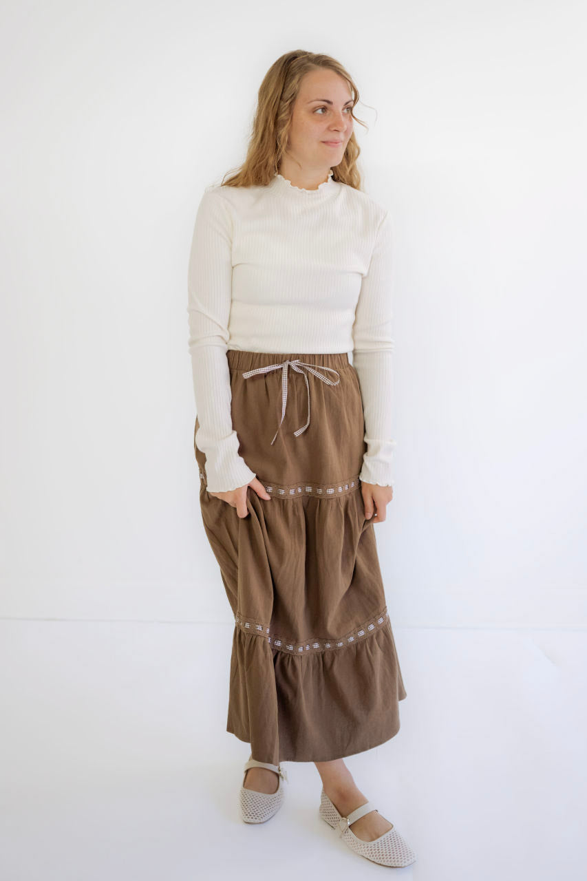 Kendall Gingham Detail Cotton Skirt in Mocha - FINAL SALE - Kendall Gingham Detail Cotton Skirt in Mocha - FINAL SALE - S - Salt and Honey