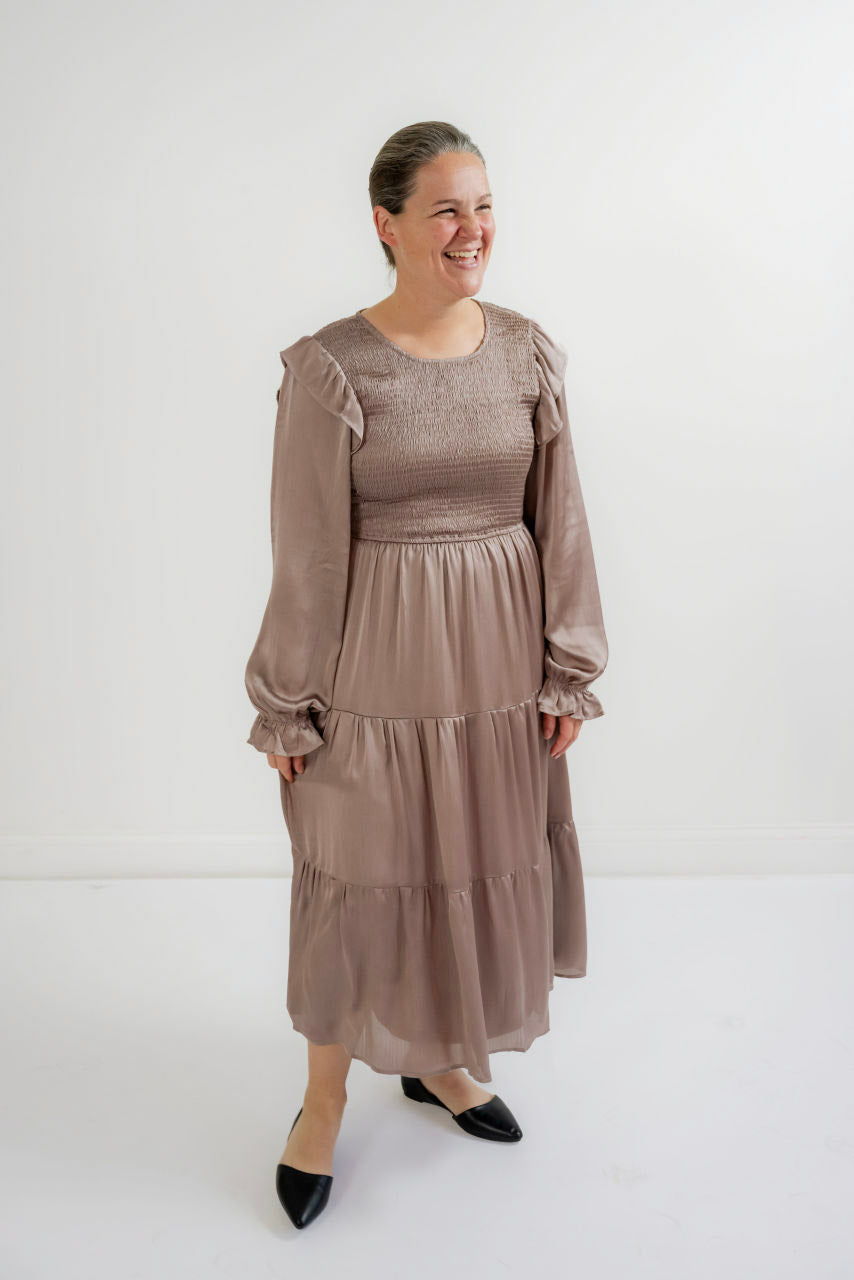 Charlotte Smocked Satin Dress in Mauve- FINAL SALE – Salt and Honey