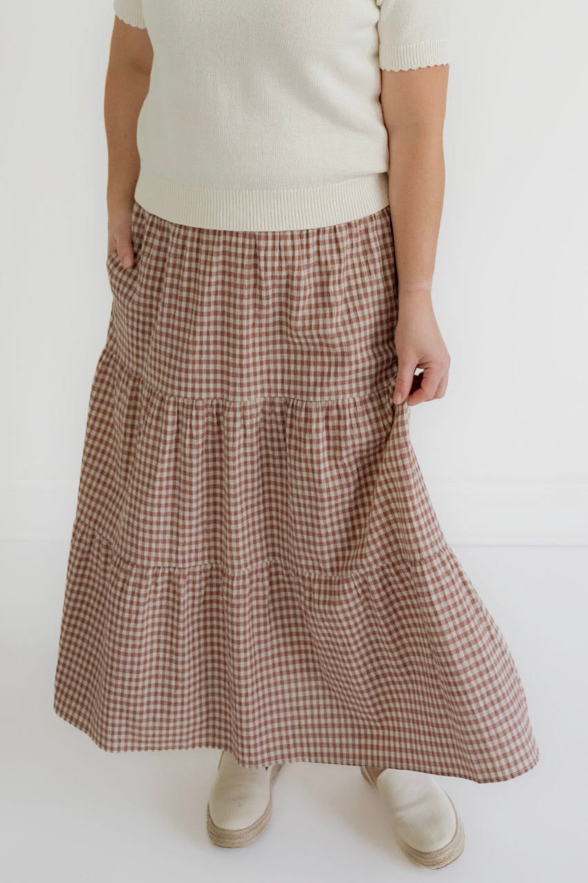 Valerie Tiered Gingham Skirt in Dusty Rose