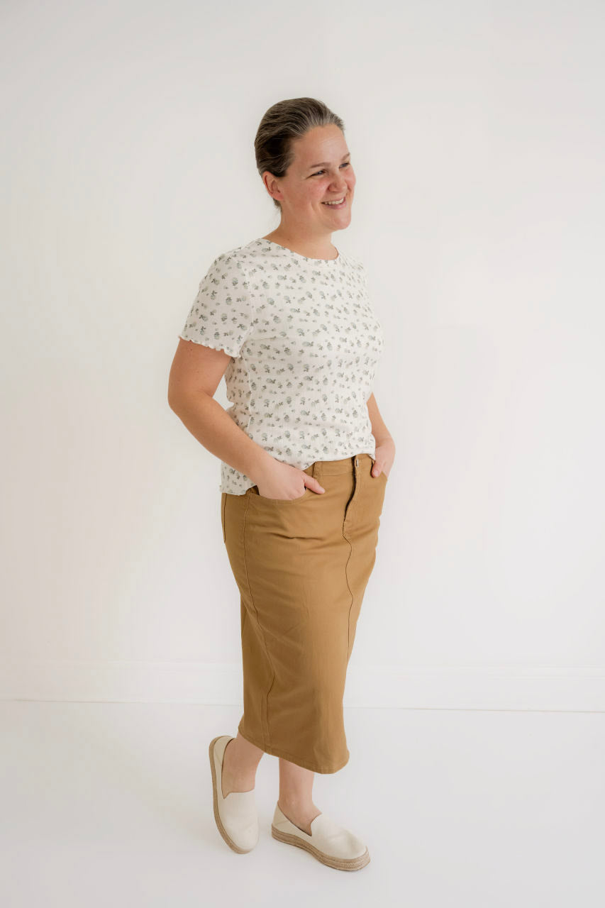 Eliza Midi Skirt in Khaki Denim