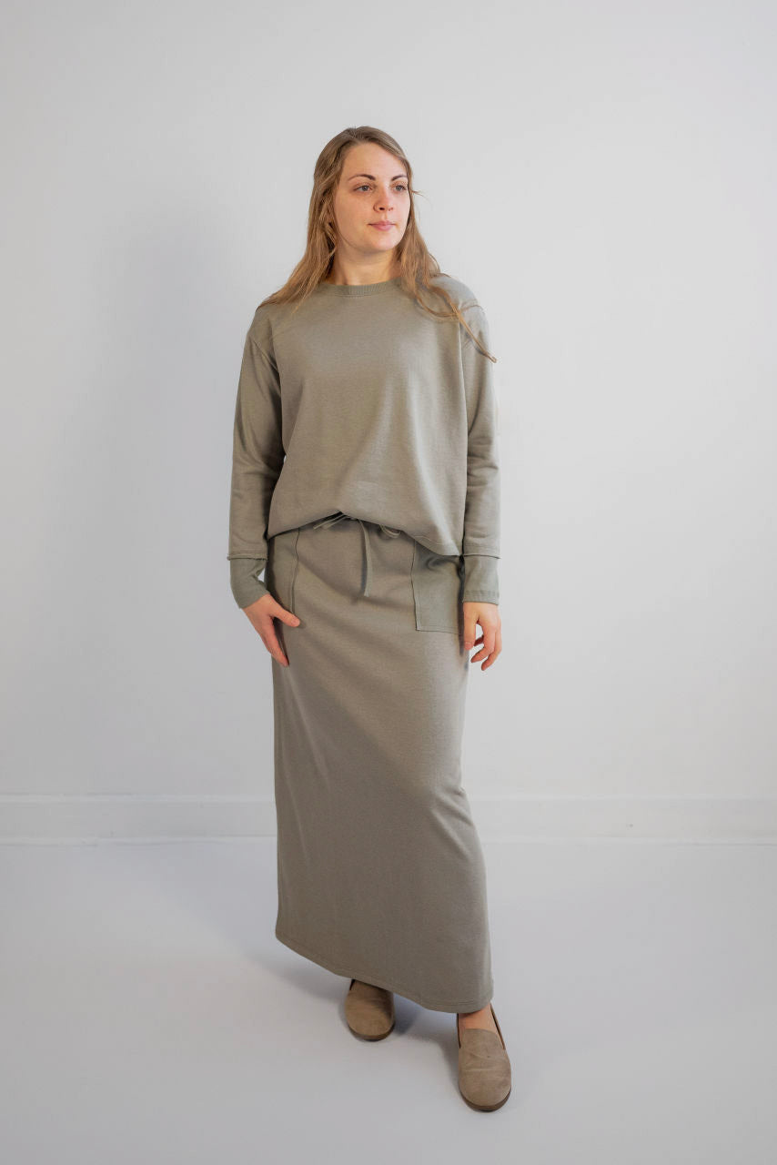 Ivy French Terry Maxi Skirt in Sage Green