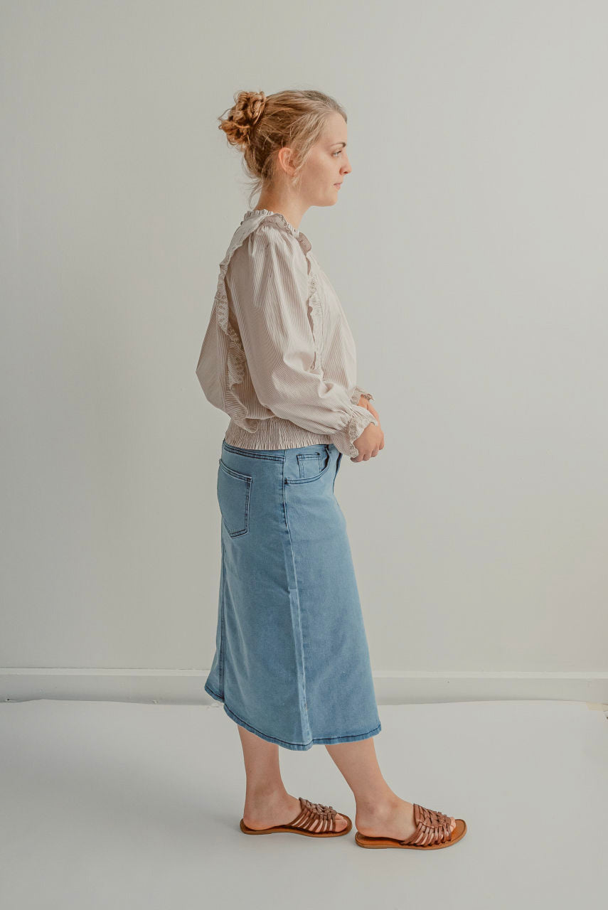 Kennedy Denim Midi Skirt in Stone Wash