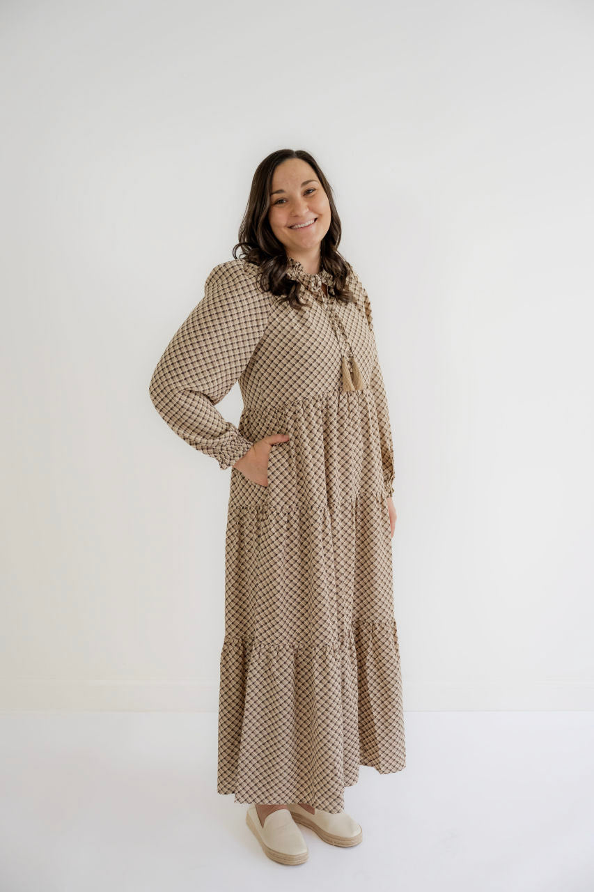 Hayes Plaid Maxi Dress in Taupe