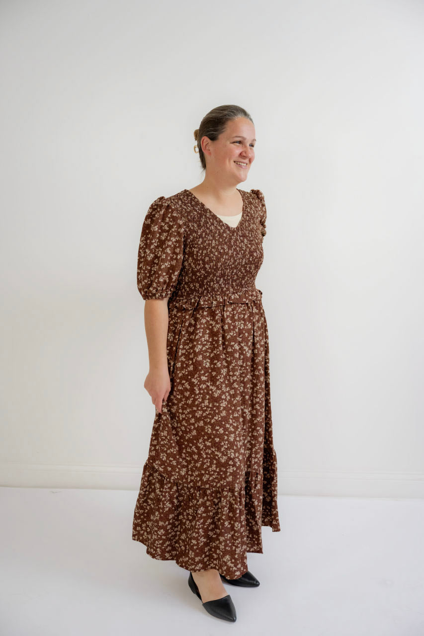 Teagan Smocked Floral Dress in Cinnamon - Teagan Smocked Floral Dress in Cinnamon - S - Salt and Honey
