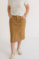 Eliza Midi Skirt in Khaki Denim - Womens - Bottoms - Skirts