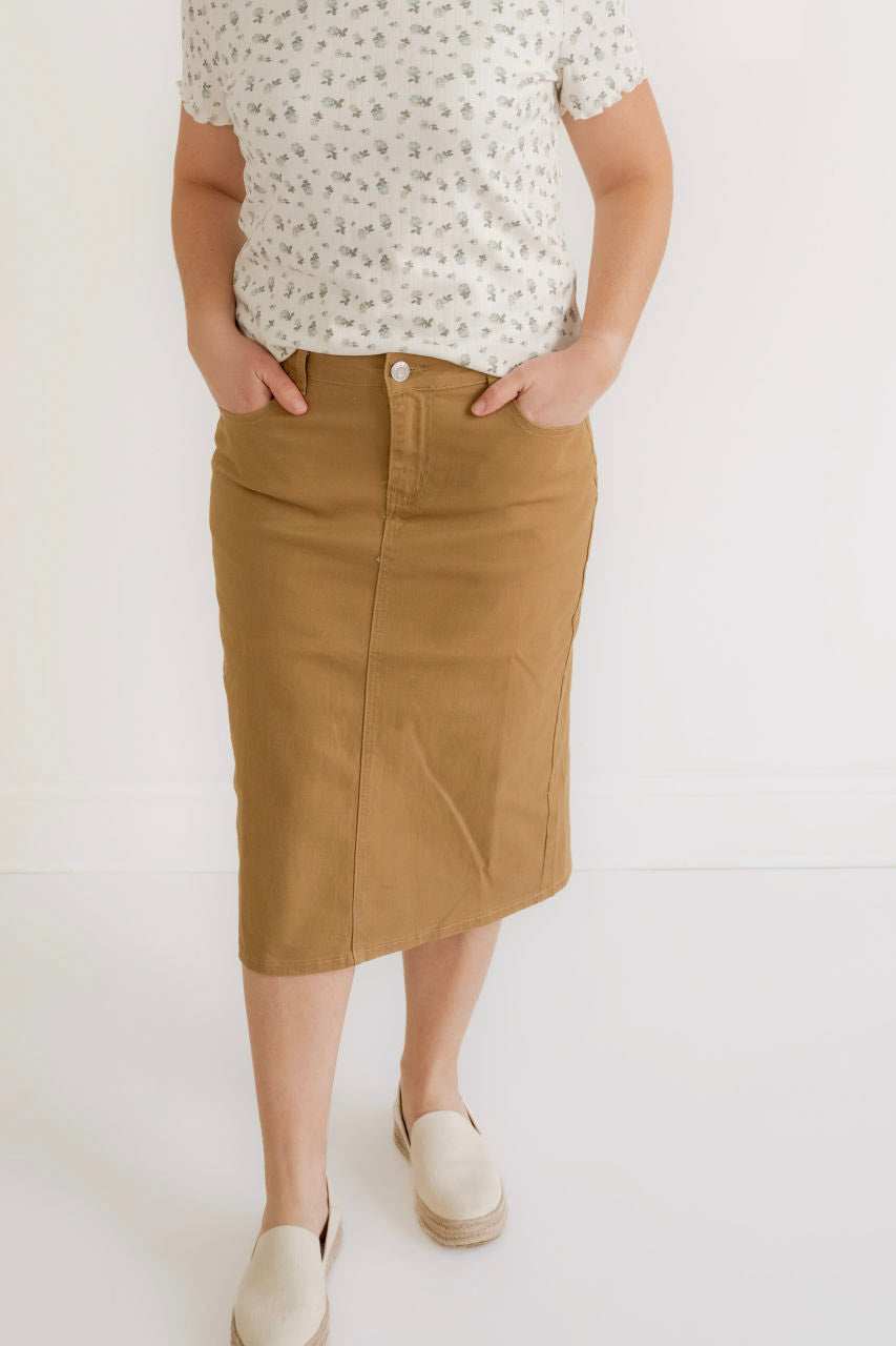 Eliza Midi Skirt in Khaki Denim - Womens - Bottoms - Skirts