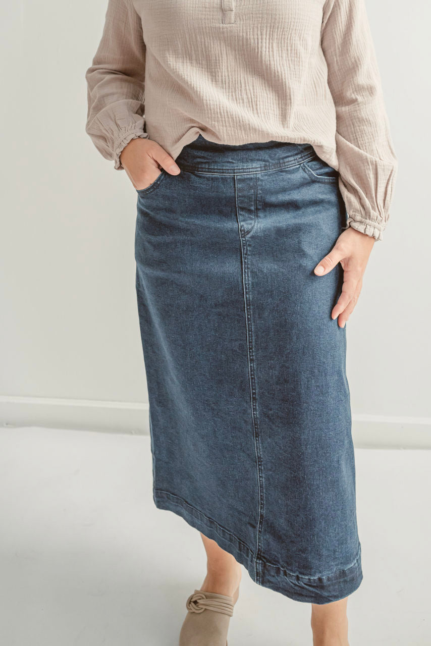 Margaret Denim Midi Skirt in Dark Wash