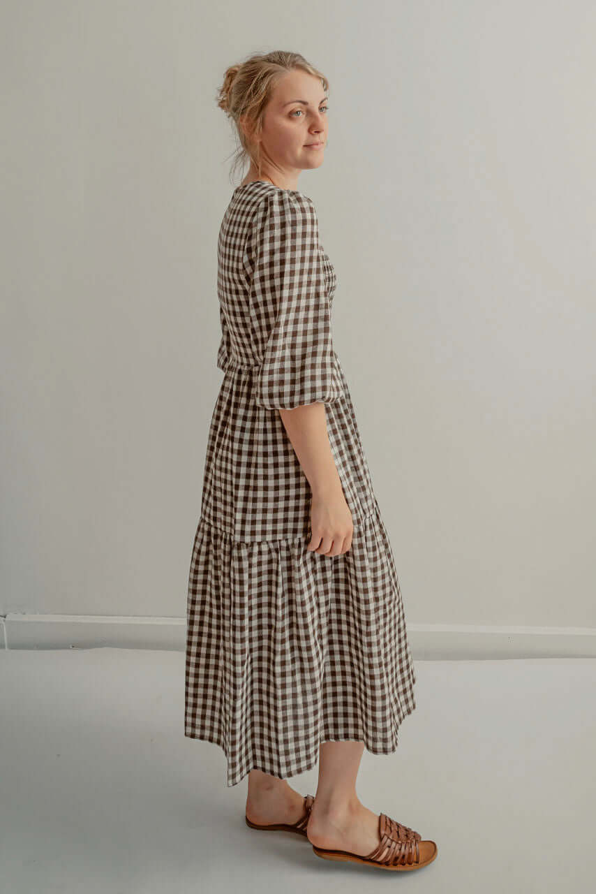 Florence Smocked Gingham Dress in Chai