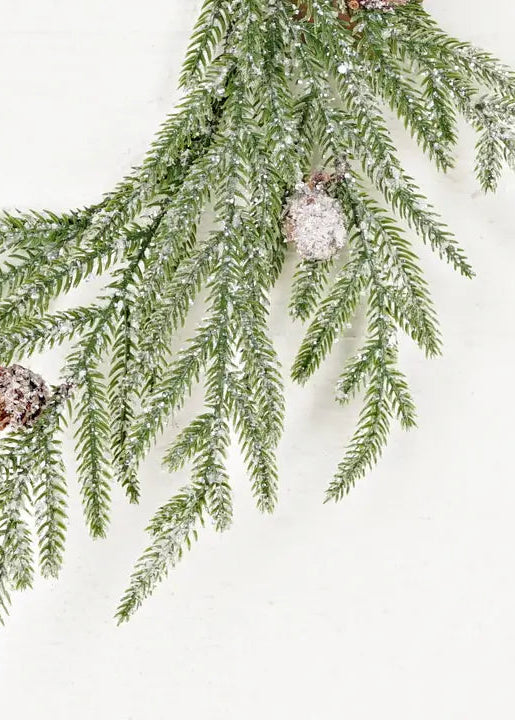 Decorative greenery with pinecones on a white background