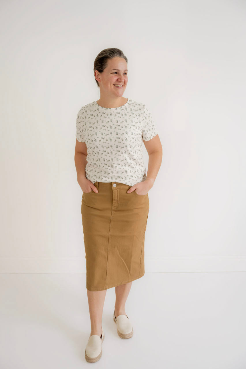 Eliza Midi Skirt in Khaki Denim