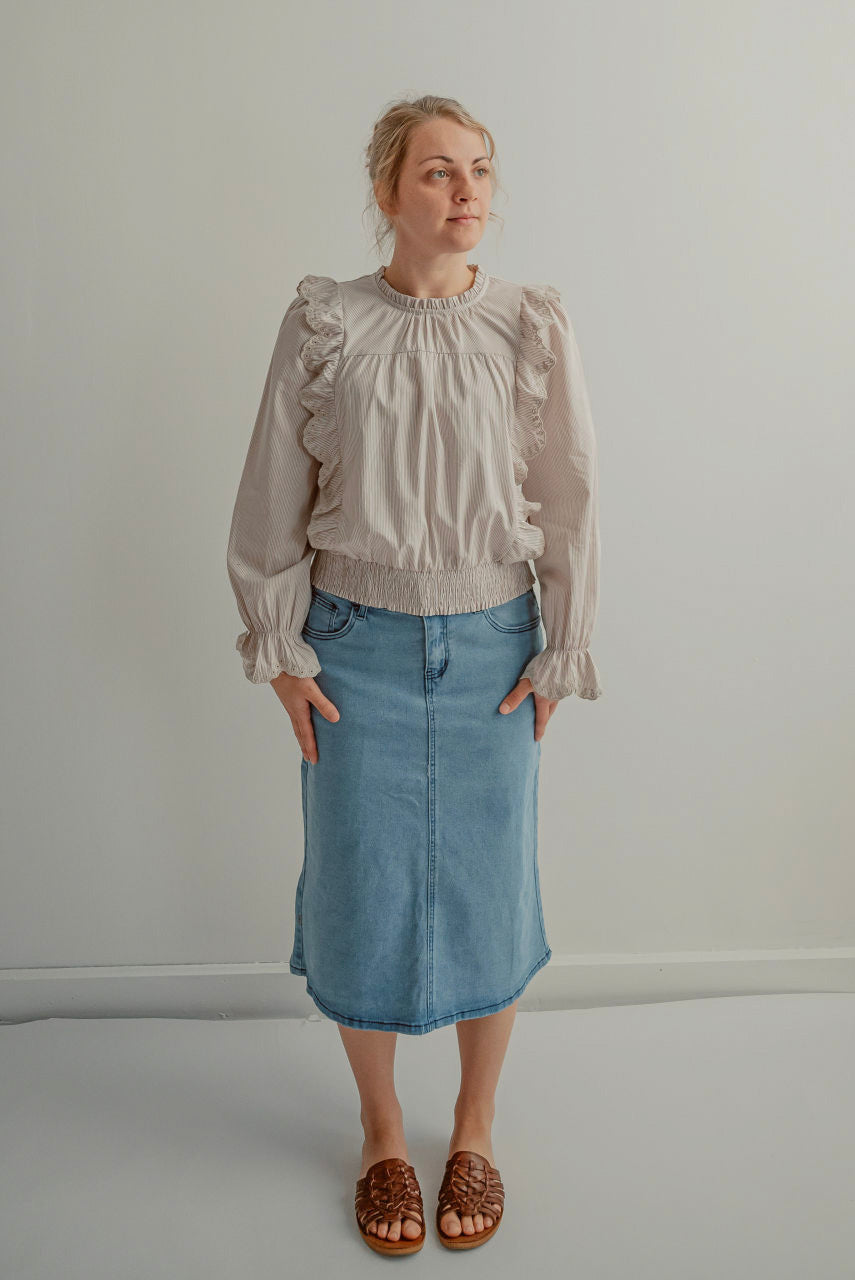 Kennedy Denim Midi Skirt in Stone Wash